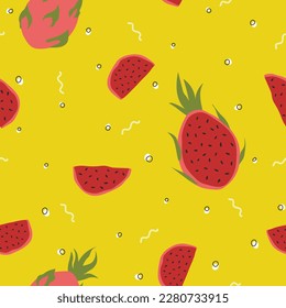 Red dragon fruit vector seamless pattern. Perfect for wallpapers, pattern fills, web page backgrounds, surface textures, textile. Illustration of exotic tropical pitayas.