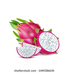 Red dragon fruit, whole fruit and half. Tropical fruits for healthy lifestyle. Realistic 3d Design Element For Web Or Print Packaging. Vector Illustration. 
