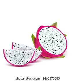 Red dragon fruit, whole fruit and half. Tropical fruits for healthy lifestyle. Realistic 3d Design Element For Web Or Print Packaging. Vector Illustration.