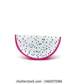 Red dragon fruit, whole fruit and half. Tropical fruits for healthy lifestyle. Realistic 3d Design Element For Web Or Print Packaging. Vector Illustration.