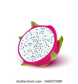 Red dragon fruit, whole fruit and half. Tropical fruits for healthy lifestyle. Realistic 3d Design Element For Web Or Print Packaging. Vector Illustration.