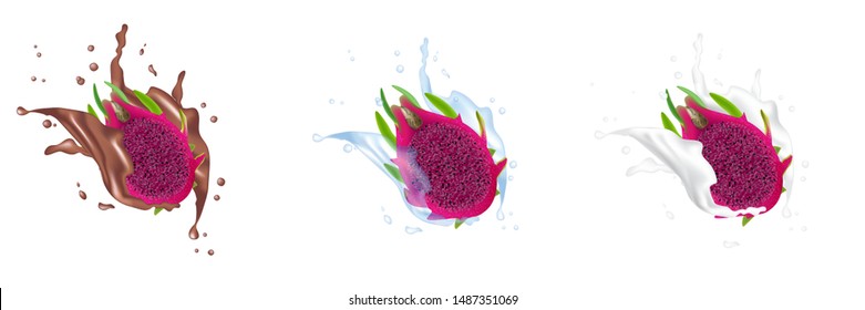 Red dragon fruit, whole fruit and half. Tropical fruits splashing for healthy lifestyle. Realistic Splash 3d Design Element For Web Or Print Packaging. Vector Illustration.