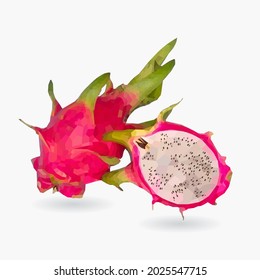 Red dragon fruit, whole fruit and half. Vector illustration.