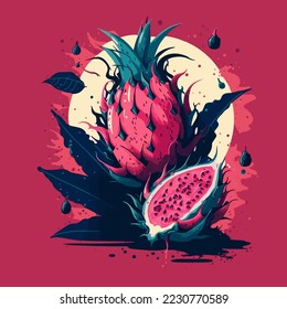 Red dragon fruit, whole fruit and half. Summer tropical fruits for healthy lifestyle. Vector illustration cartoon flat icon