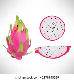 Fruta del dragón rojo, trozo de fruta entero y mitad. Frutos tropicales para un estilo de vida saludable. Ilustración de vectores 3d realista.