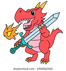 The red dragon gave off flames carrying a sword weapon, doodle draw kawaii. vector illustration art