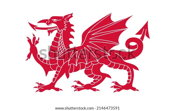 Red dragon graphic sign.\
Wales national symbol. Icon isolated on white background. Vector\
illustration
