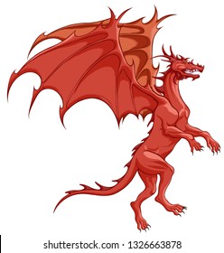 The  red dragon with grinning mouth, preparing for takeoff. Illustration of winged snake, mythological character of fairy tales. Fantastic creature growls.