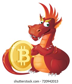 Red Dragon guards bitcoin symbol. Cartoon styled vector illustration. Elements is grouped. Isolated on white. No transparent objects.
