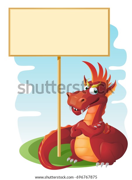 Red Dragon guards blank banner. Cartoon styled\
vector illustration. Elements is grouped and divided into layers.\
No transparent objects.