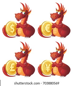 Red Dragon guards symbols of different currencies. Dollar, euro, yen, pound sterling. Cartoon styled vector illustration. Elements is grouped. Isolated on white. No transparent objects.