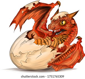 red dragon hatches from an egg vector illustration color