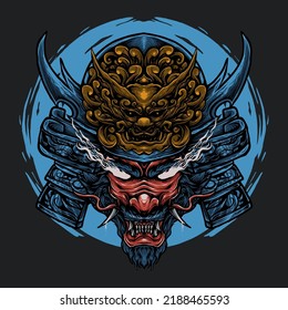 The red dragon head with armored samurai head illustration vector