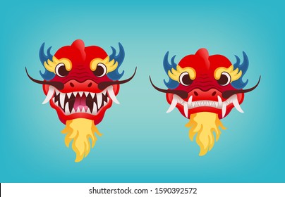 Red dragon head with open and closed jaws. Chinese and Japanese traditional symbol used during holidays. Vector cute cartoon illustration.