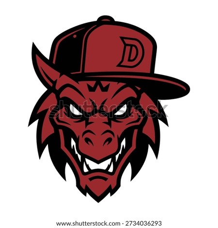 Red Dragon Head Wearing Black and Red Baseball Cap with D Letter vector