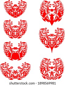 Red dragon hearts in tribal style. Set of valentines on white background - hearts formed by dragons, creative pattern