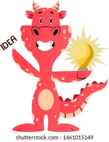 Red dragon is holding bulb, illustration, vector on white background.