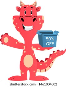 El dragón rojo sostiene caja de descuento, ilustración, vector sobre fondo blanco.