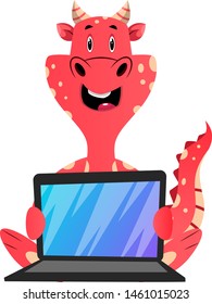 Red dragon is holding lap top, illustration, vector on white background.