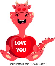 Red dragon is holding I love you sign, illustration, vector on white background.