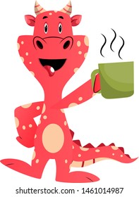 Red dragon is holding mug, illustration, vector on white background.