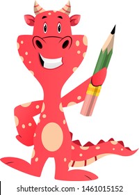 Red dragon is holding pencil, illustration, vector on white background.