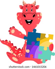 Red dragon is holding puzzle, illustration, vector on white background.