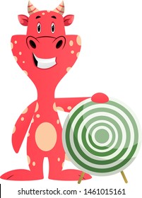 Red dragon is holding target, illustration, vector on white background.