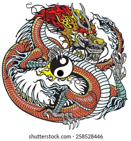 red dragon holding yin yang symbol, tattoo illustration 