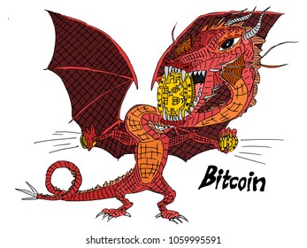 red dragon holds gold coins bitcoin vector illustration