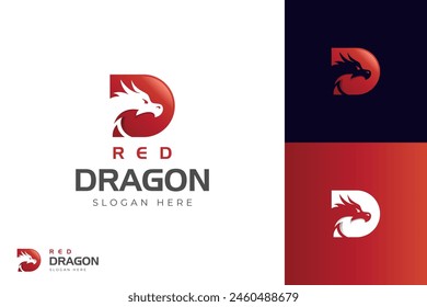 Red dragon and letter D logo design. Dragon head and D letter vector design idea with gradient coloring style