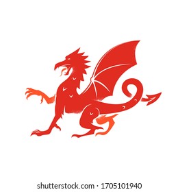 Red dragon logo, isolated icon on the white background, dragon symbol from flag of Wales. Silhouette of dragon for printing, vector illustration for painting on jacket,T-shirt.