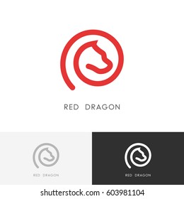Red dragon logo - outline fairy tale animal symbol. Dog or horse icon.