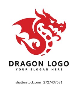 Logotipo rojo del dragón con el texto en el fondo blanco para el icono del símbolo de la marca