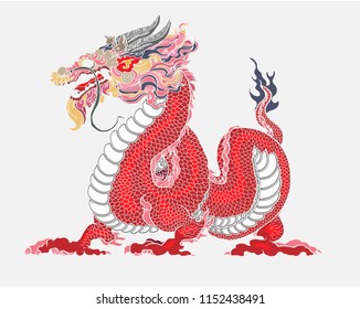 Red dragon is Magical creatures known in Chinese and Western literature.Dragon Animal tattoo design.Scarf design Chinese dragon vector.