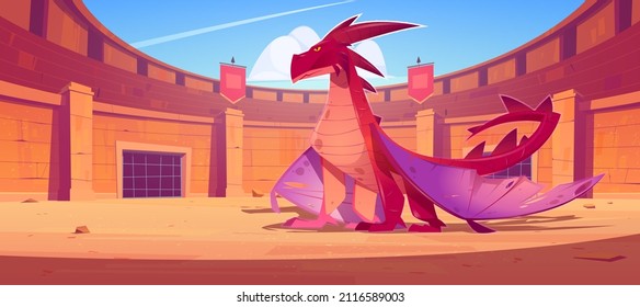 Red dragon on ancient arena for gladiators fight. Vector cartoon fantasy illustration of fighting amphitheater with stone columns, flags and scary magic beast with wings