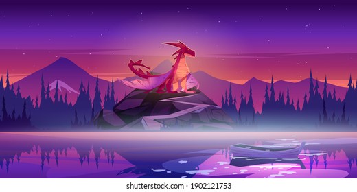 Red Dragon On Rock With Road After Sunset. Vector Cartoon Landscape With Mountains, Forest And Lake With Boat. Fantasy Illustration With Magic Beast With Wings On Cliff At Night