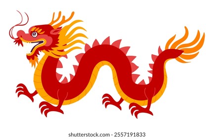 A red dragon with orange and yellow markings. It has a mouth open and is walking. The dragon is on a white background