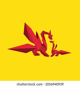 Red dragon origami. Kids cute design flats. Flying dragon medieval reptile flies fantasy baby monster cartoon isolated vector icons set