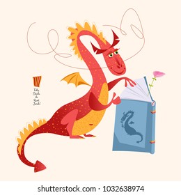 Red dragon reading a book. Diada de Sant Jordi (the Saint 's Day). Traditional festival in Catalonia, Spain. Vector illustration. 

