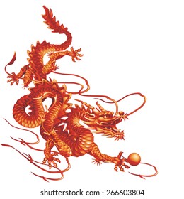 Red dragon running down diagonally on a white background
