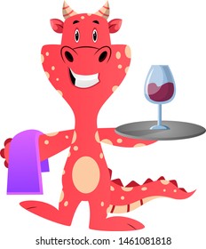 El dragón rojo está sirviendo un cristal de vid, ilustración, vector sobre fondo blanco.
