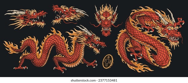 El dragón rojo pone los logos coloridos con la serpiente lun de la cultura china tomando diferentes poses y haciendo una feroz ilustración vectorial de la sonrisa