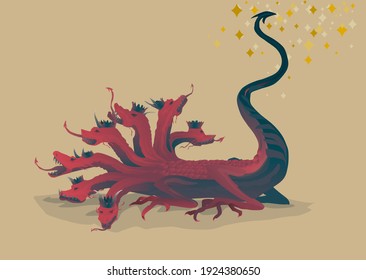 Red dragon with seven heads and ten horns, a depiction from Revelation 12 of the Bible, vector illustration religious imagery svg