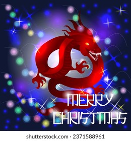 A red dragon with sharp teeth, glowing eyes and a long tail, on a blue background with the inscription Merry Christmas. On the background of colored garlands, sparkling stars.