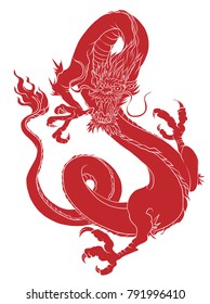 Red dragon Silhouette on white background.Chinese dragon tattoo.