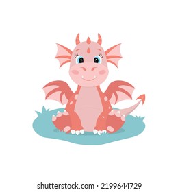 Red dragon sitting on grass. Cute cartoon character in flat style. Vector illustration on white background