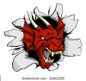 Red dragon smashing out, drawing of an attacking dragon monster