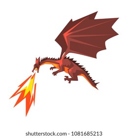 Red dragon spitting fire, mythical fire breathing animal vector Illustration on a white background