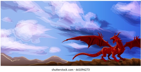 Red dragon standing on top of the mountain vector